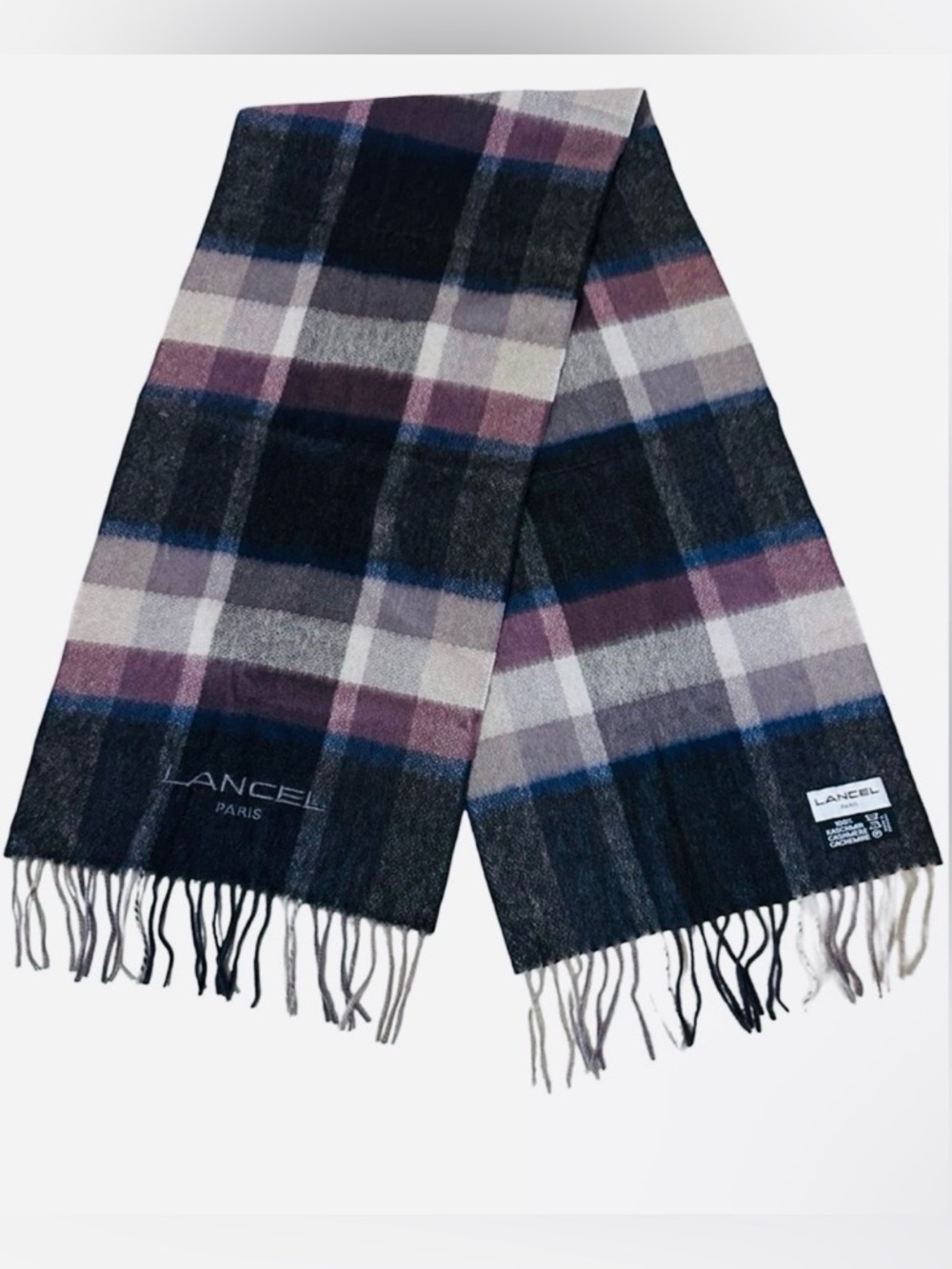 LANCEL Paris Cashmere plaid Scarf Blue/Pink 56x12 unisex